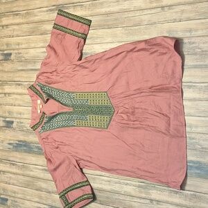 Mazik Womens Pink Green Embroidered Boho Vneck Tunic Top Size M